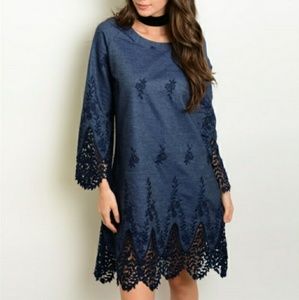 Denim Crochet Tunic Dress Boatneck 3/4 Sleeve